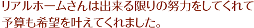 リアルホームさんは出来る限りの努力をしてくれて予算も希望を叶えてくれました。